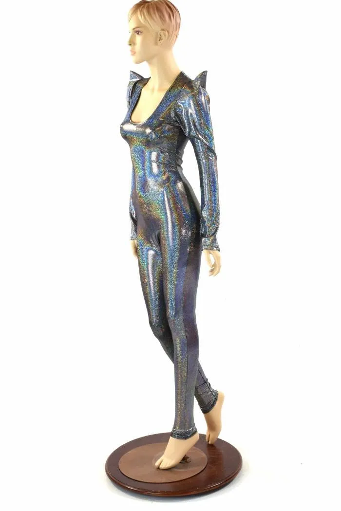 Silver Holographic Sharp Shoulder Catsuit