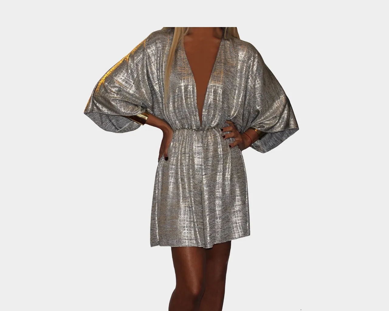 Silver Metallic Kimono Style Jumpsuit - The Monte Carlo