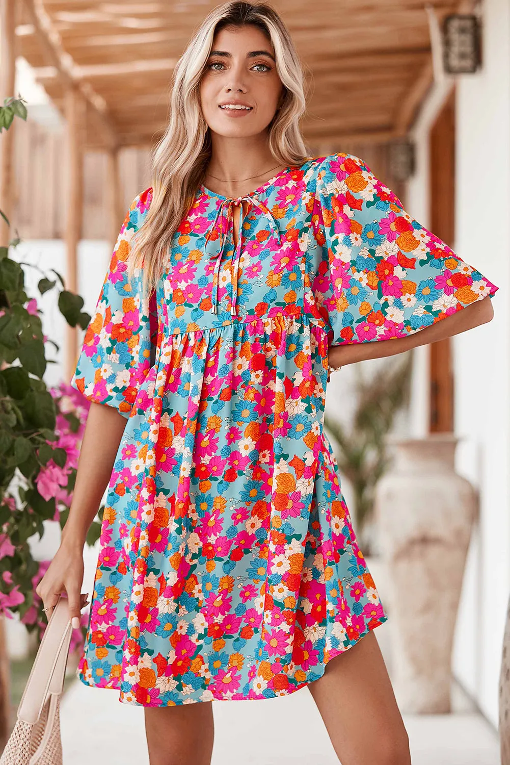 Sky Blue Boho Floral Print V Neck Lantern Sleeve Babydoll Dress