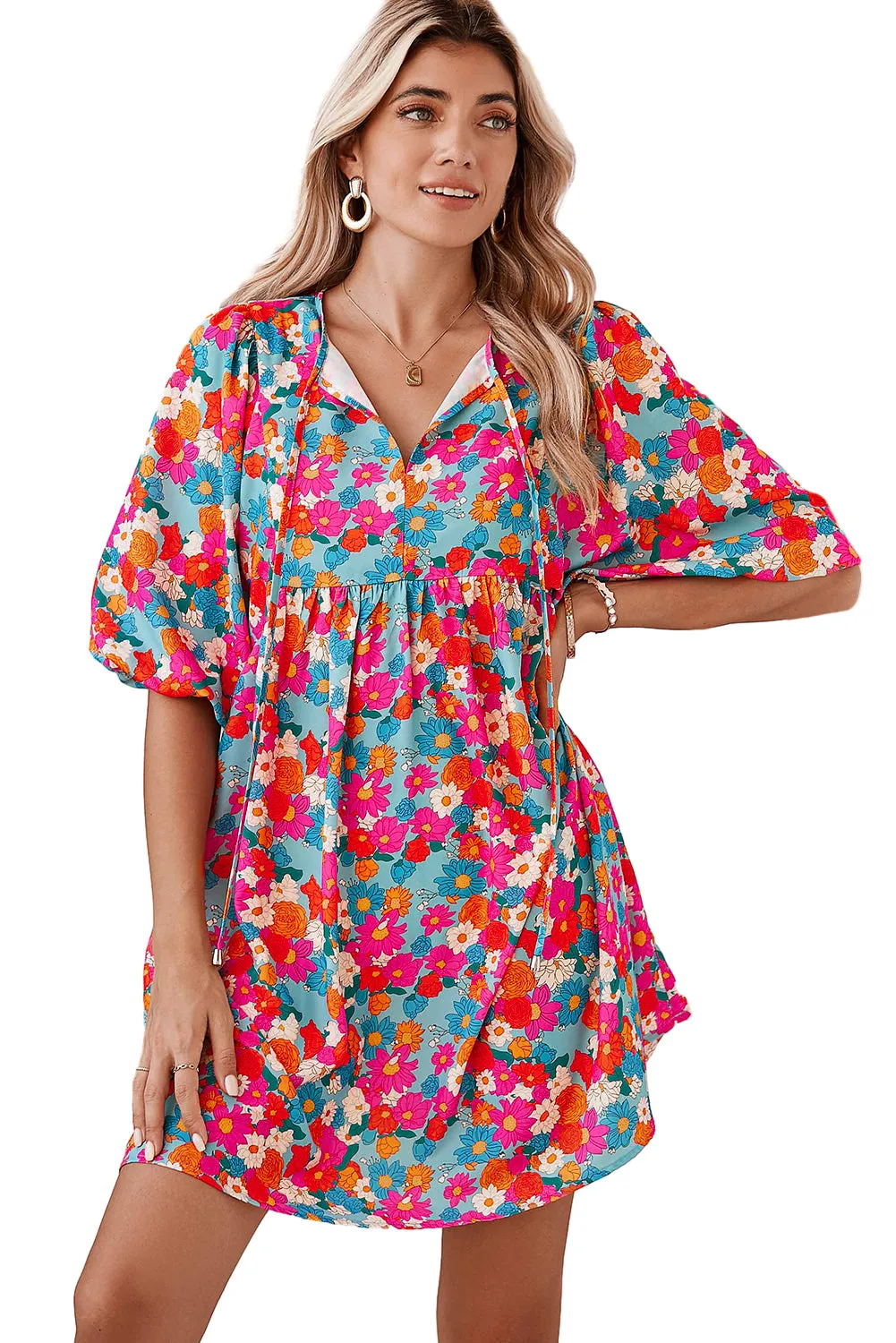 Sky Blue Boho Floral Print V Neck Lantern Sleeve Babydoll Dress