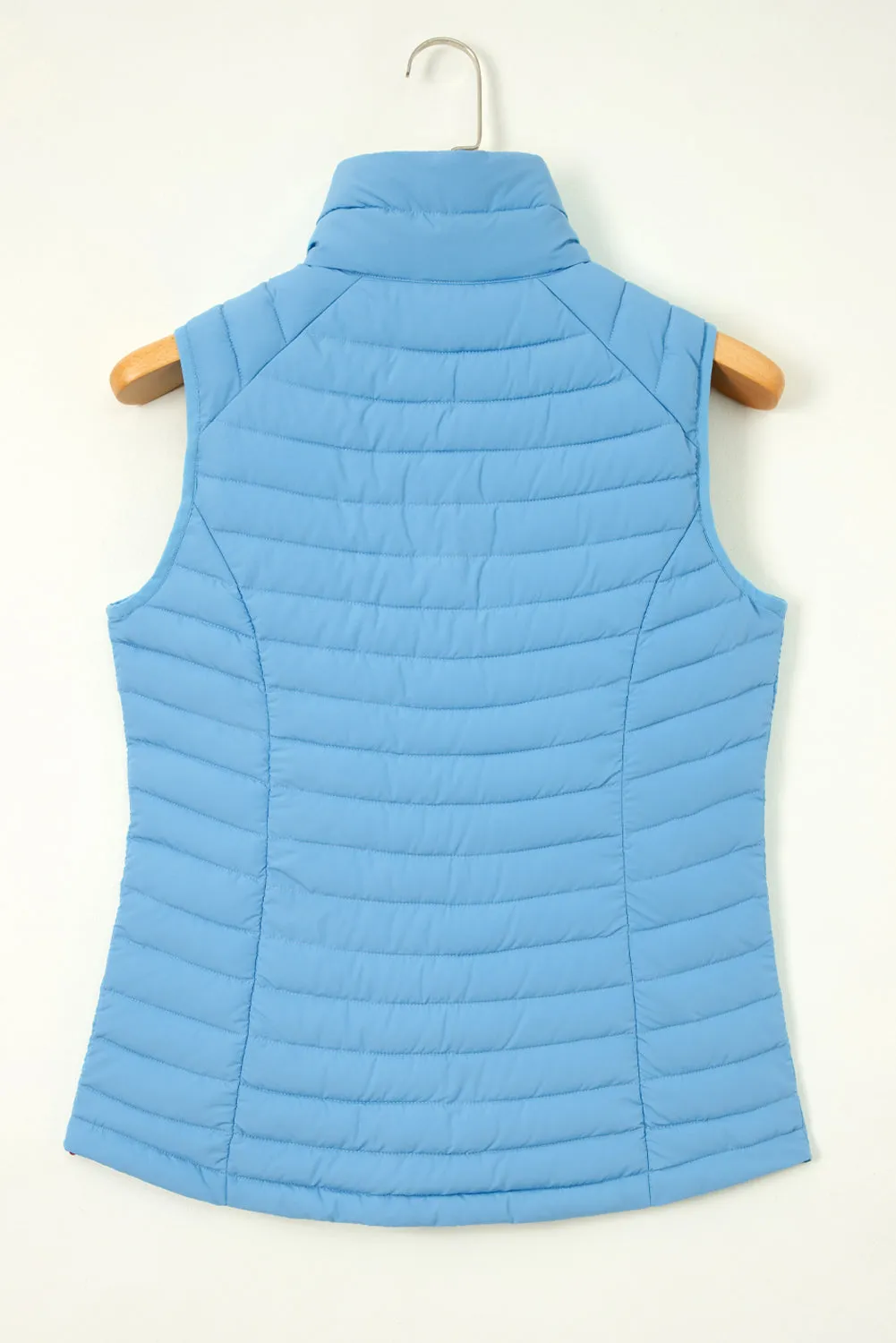 Sky Blue Plush Collared Quilted Zipped Puffer Vest