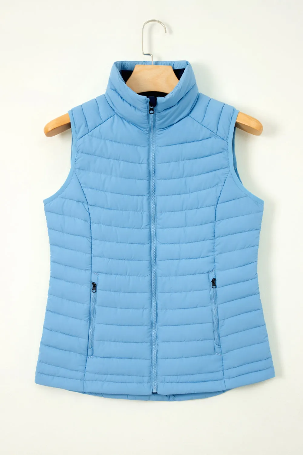 Sky Blue Plush Collared Quilted Zipped Puffer Vest