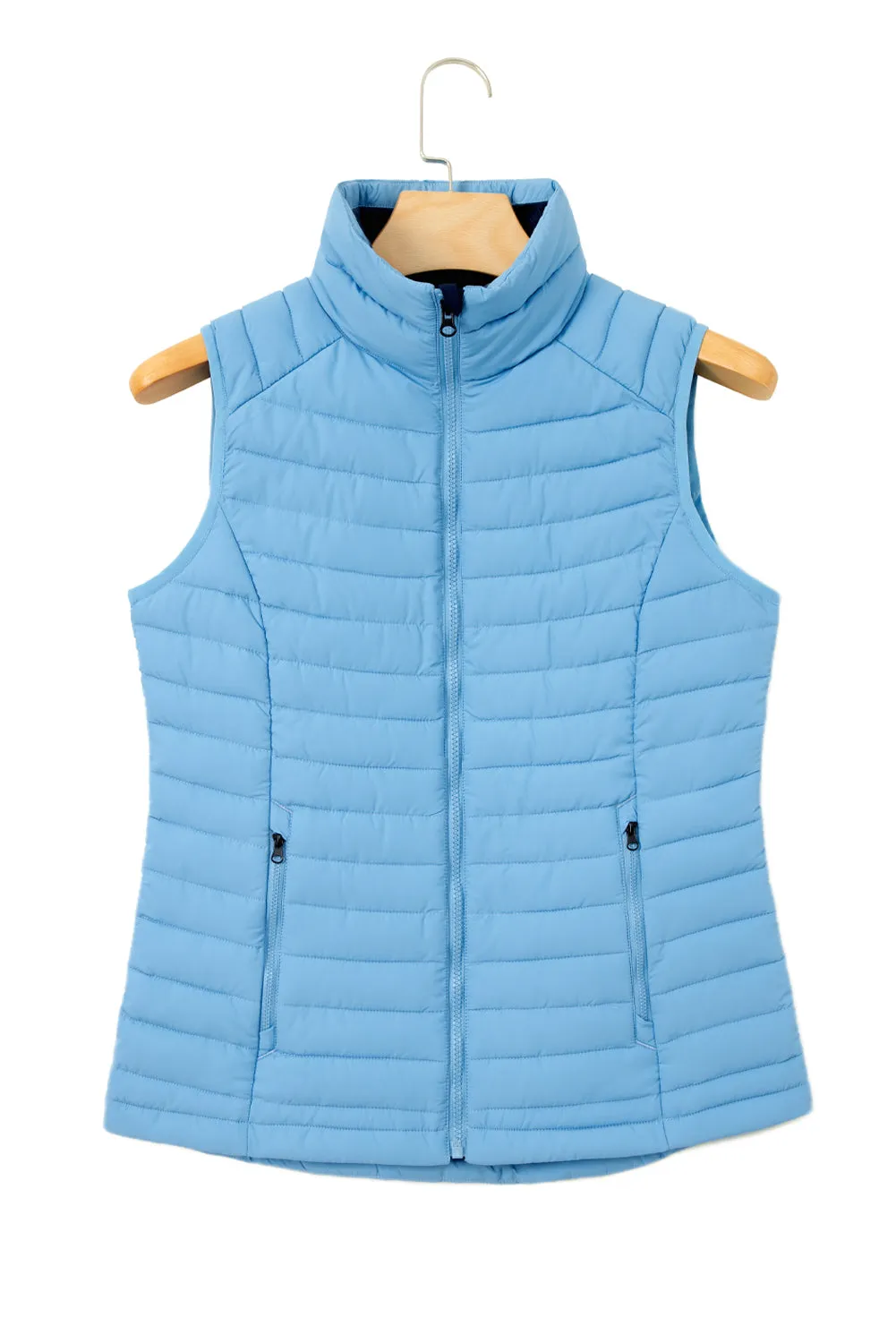 Sky Blue Plush Collared Quilted Zipped Puffer Vest