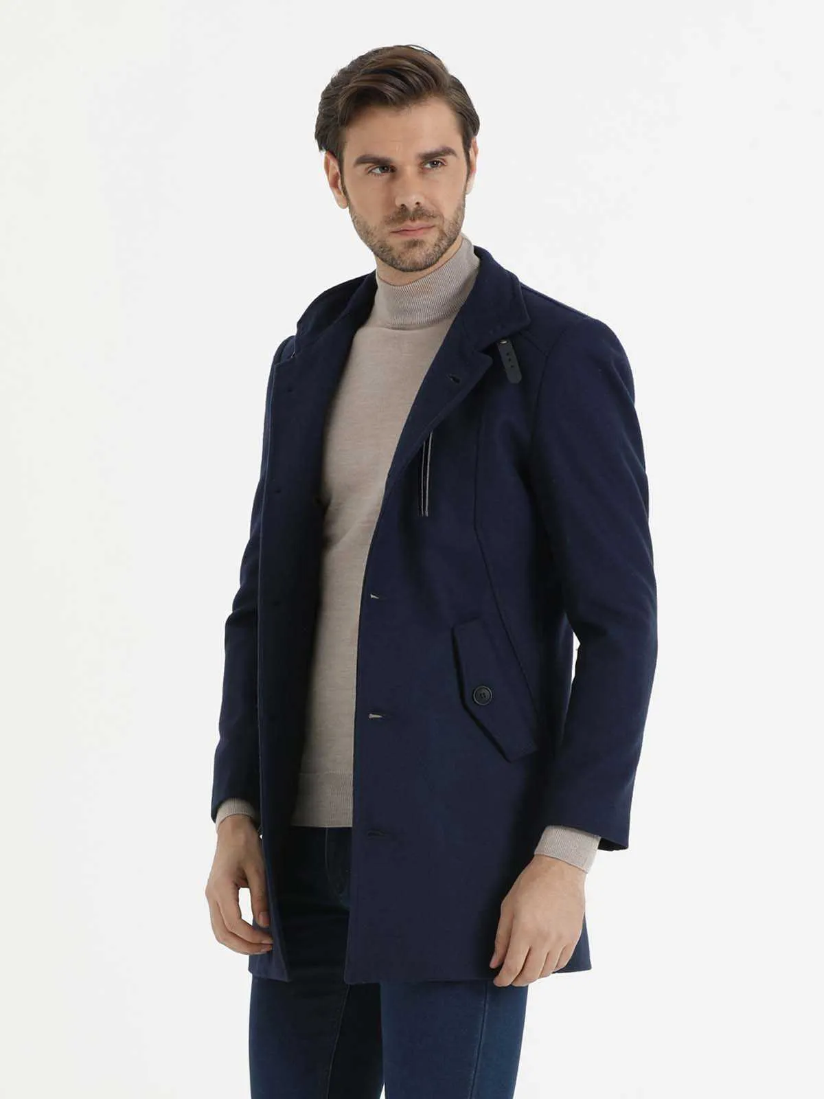 Slim Fit Stand Collar  Woollen Overcoat, Indigo