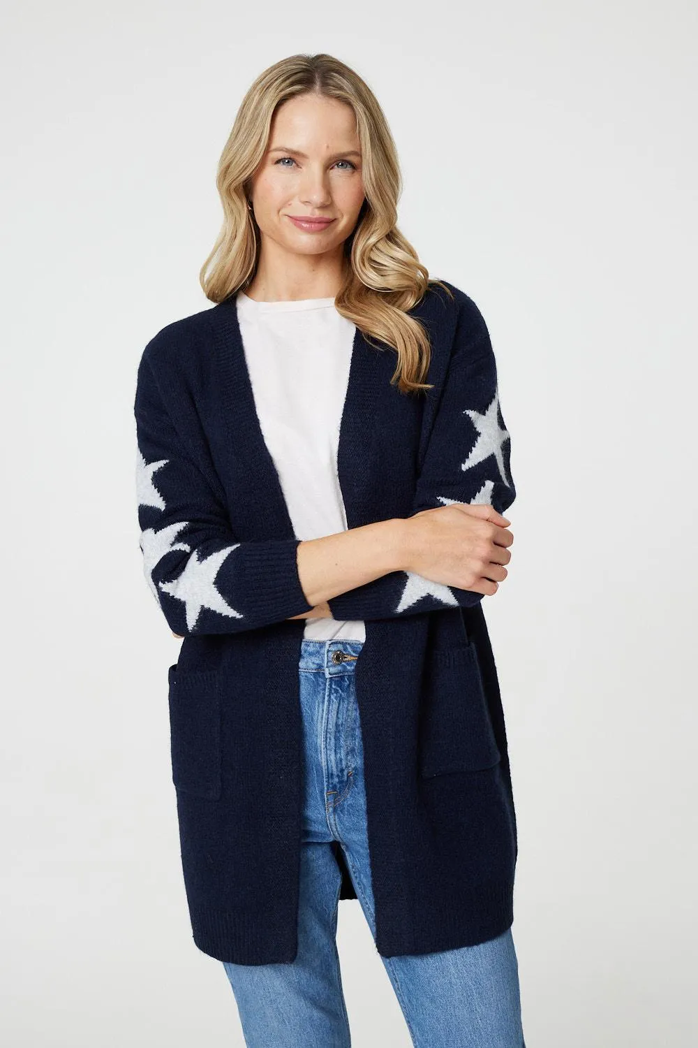 Star Print Longline Knit Open Cardigan