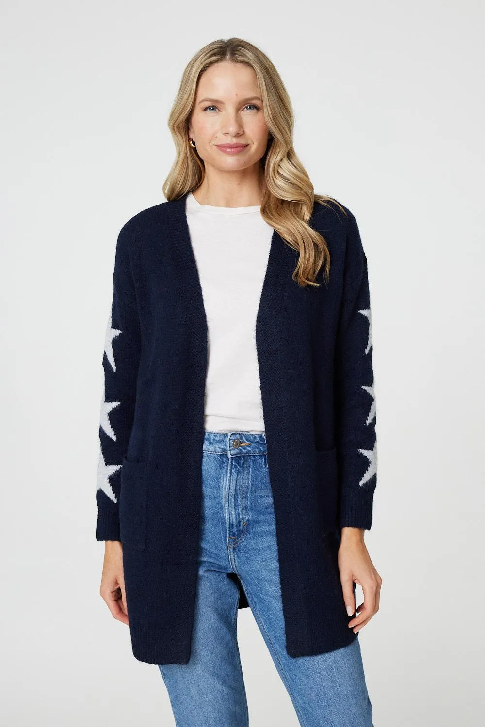 Star Print Longline Knit Open Cardigan