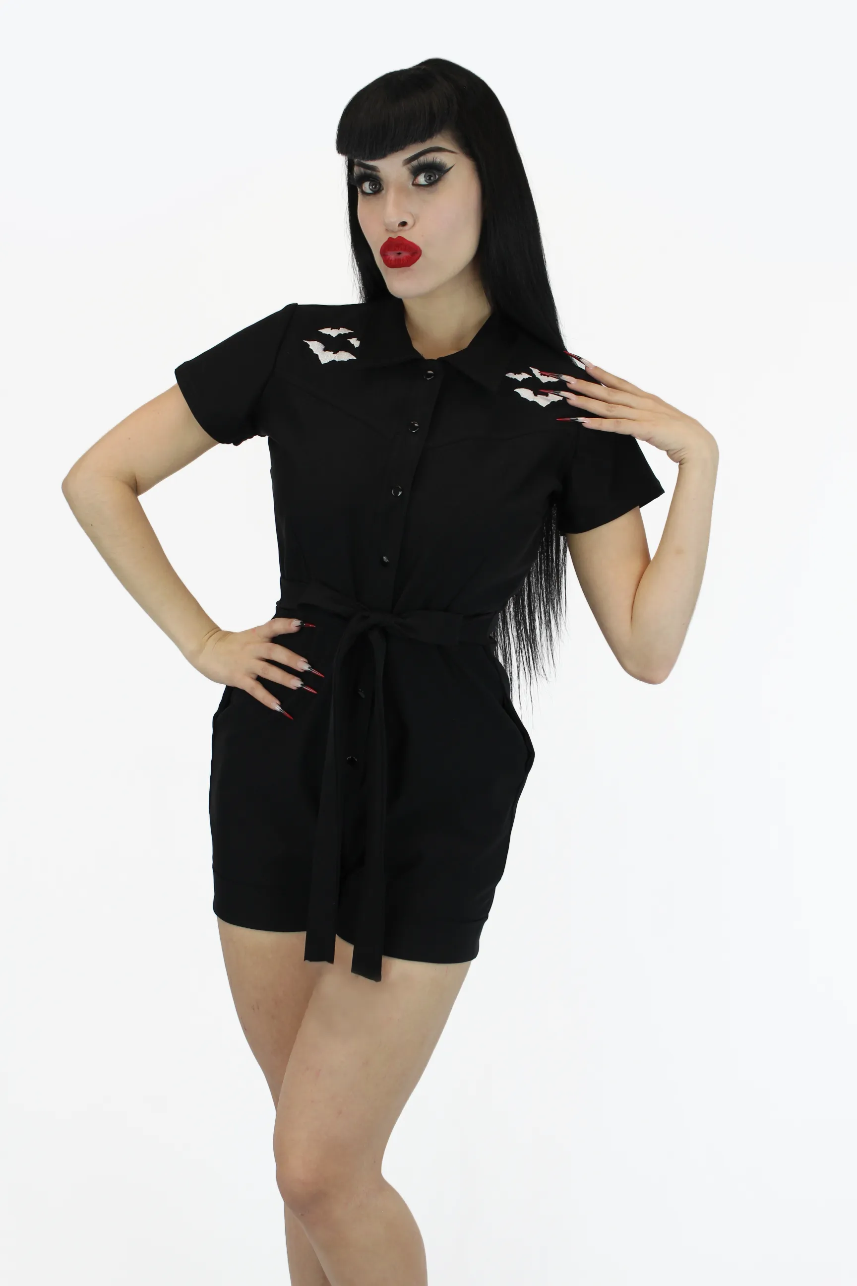 Stretchy Bat Black Romper With Belt