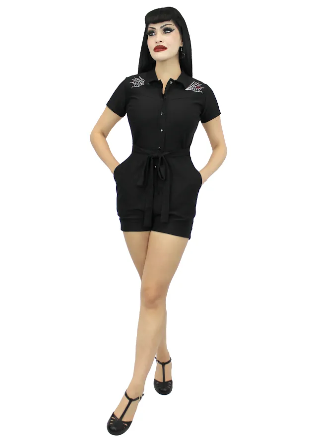 Stretchy Spiderweb Black Romper With Belt #E-SWBR