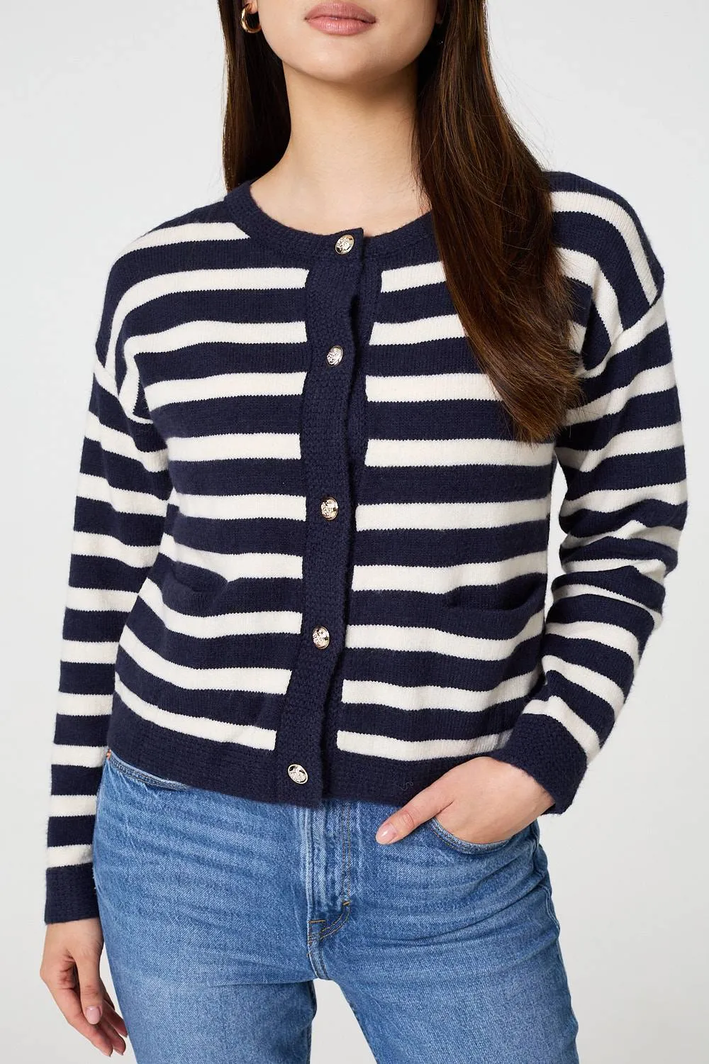 Striped Button Detail Cropped Cardigan