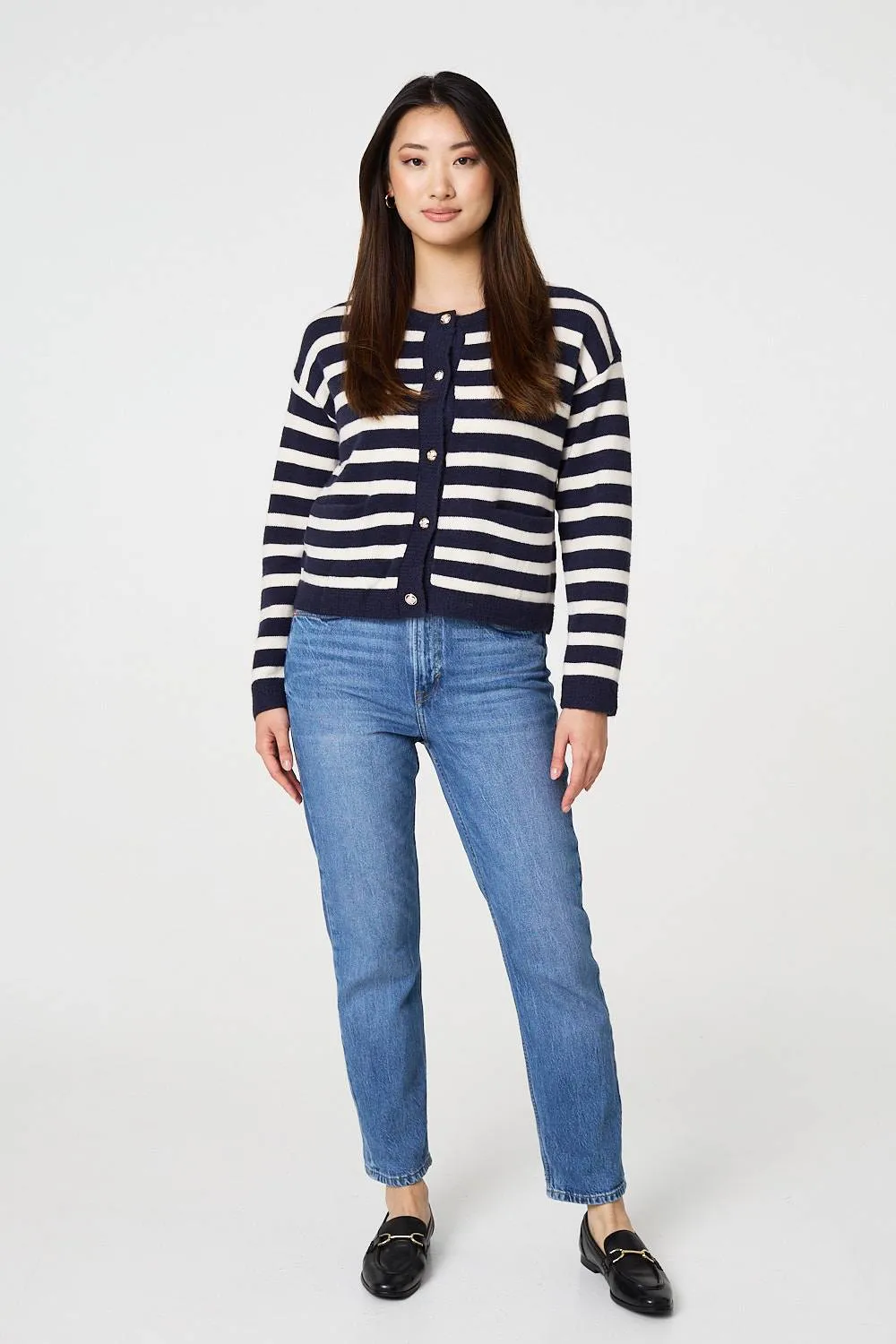 Striped Button Detail Cropped Cardigan