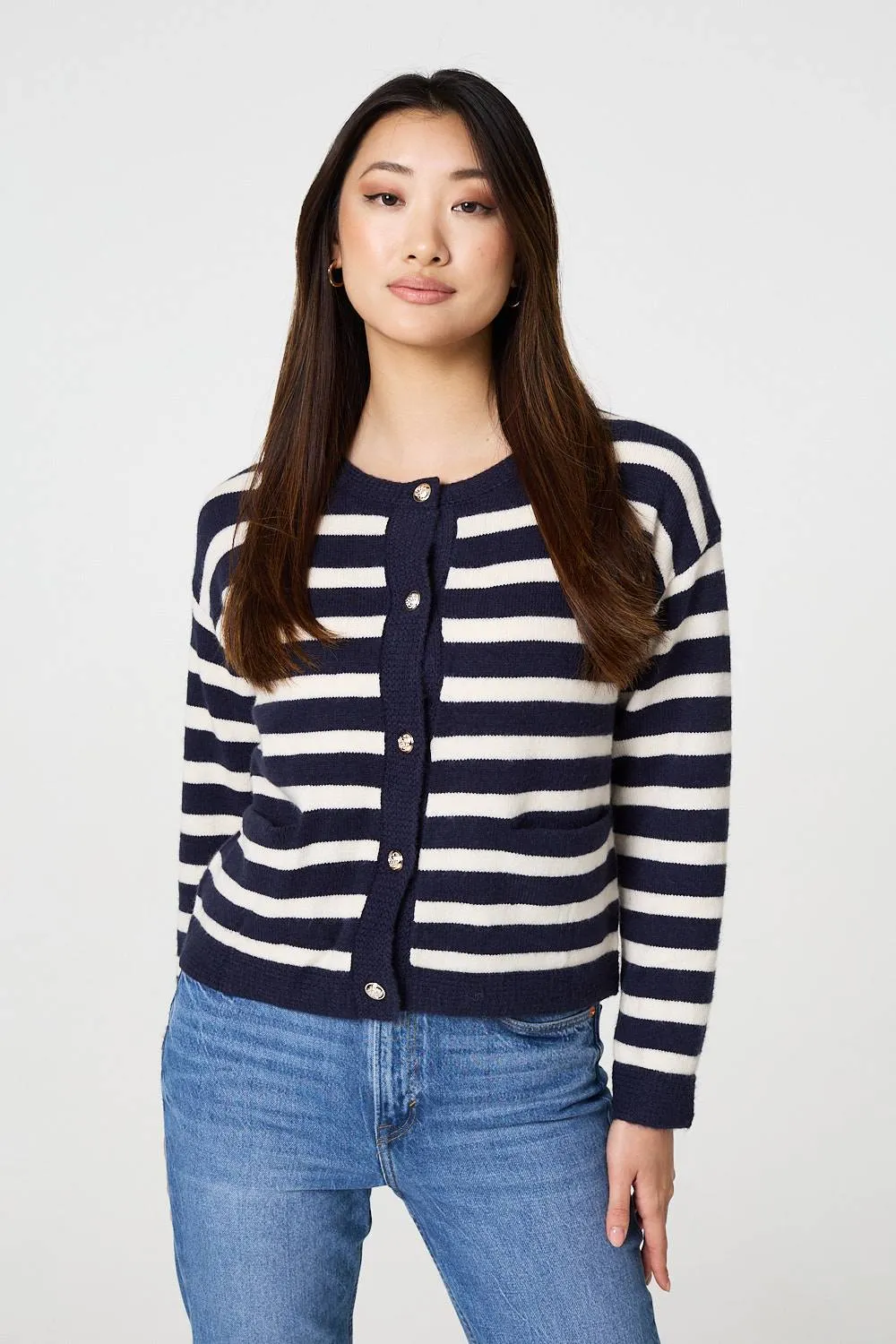 Striped Button Detail Cropped Cardigan