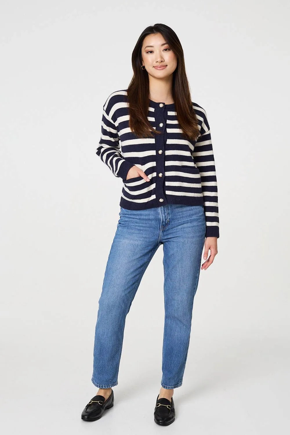 Striped Button Detail Cropped Cardigan