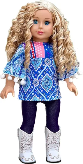 Stylish - 3 Piece Doll Outfit for 18 inch American Girl Doll - Blue Tunic, Leggings and White Cowboy Boots.