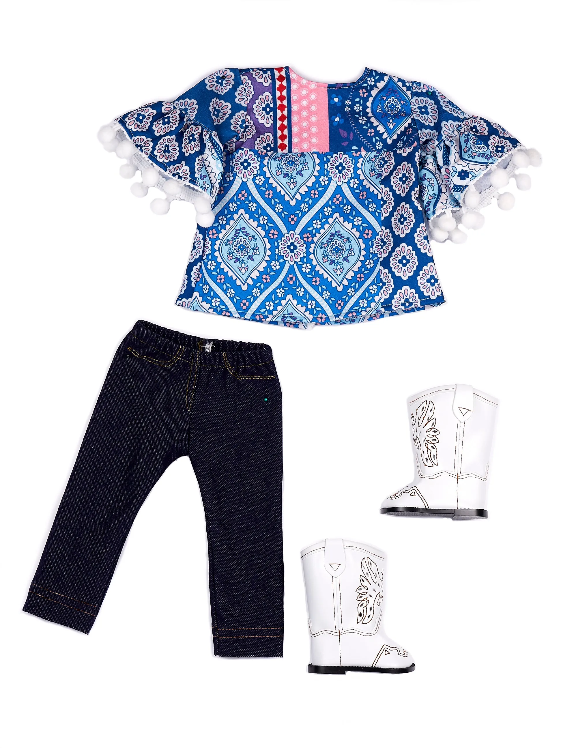 Stylish - 3 Piece Doll Outfit for 18 inch American Girl Doll - Blue Tunic, Leggings and White Cowboy Boots.