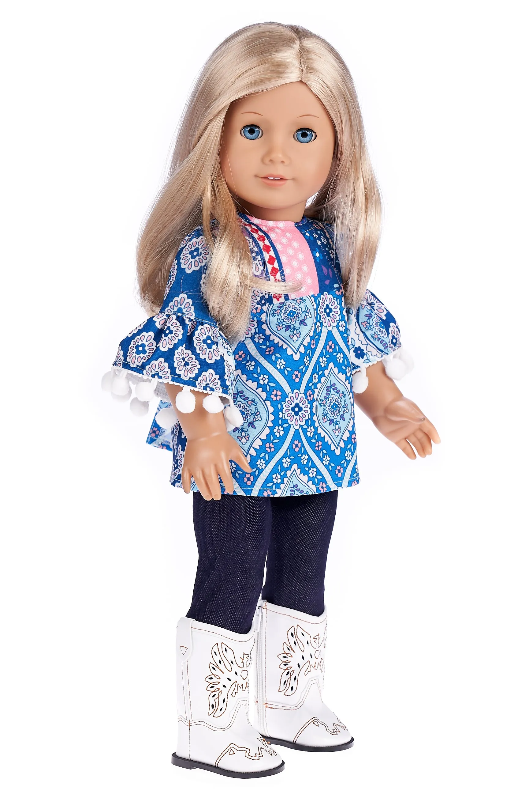 Stylish - 3 Piece Doll Outfit for 18 inch American Girl Doll - Blue Tunic, Leggings and White Cowboy Boots.