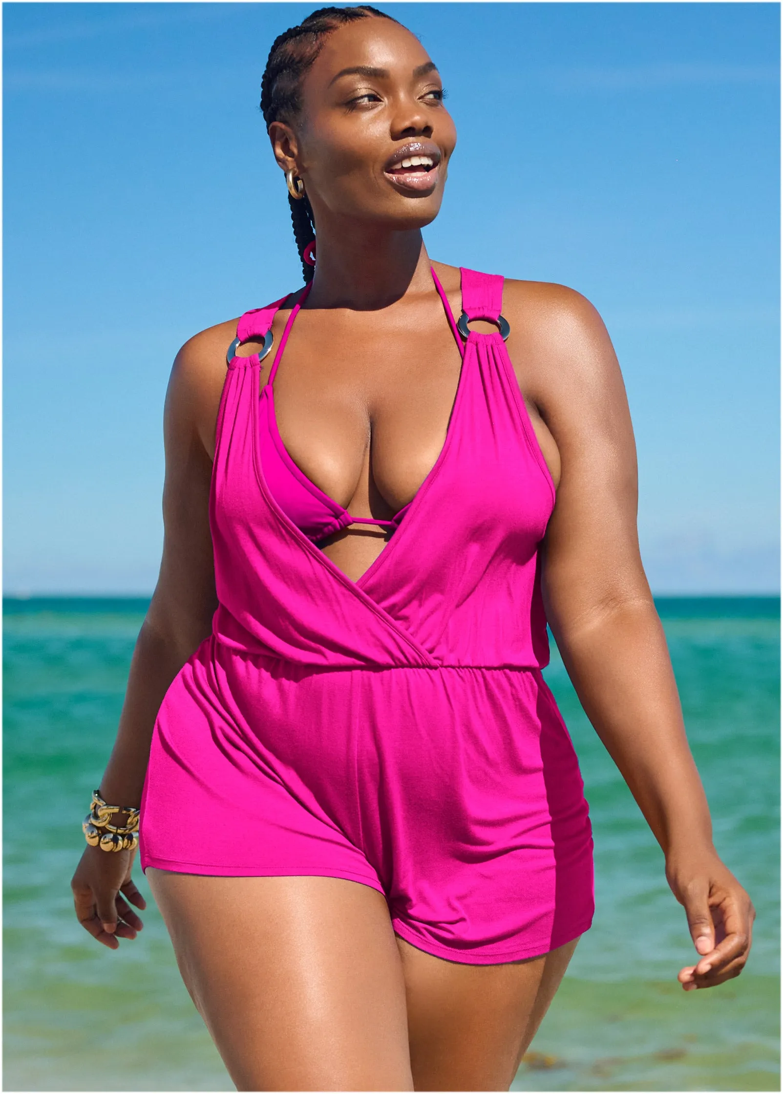 Surplice Romper Cover-Up - Electric Pink