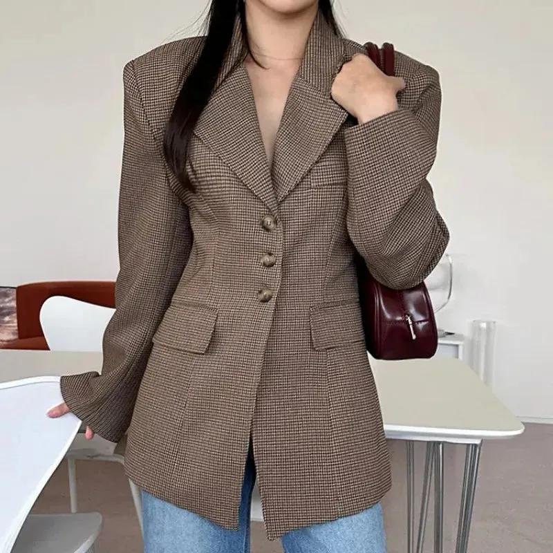 TAVIMART  -  Autumn Winter Vintage Women's Slim Plaid Blazer Jacket Coat Overcoat Single Breasted Outerwears Female