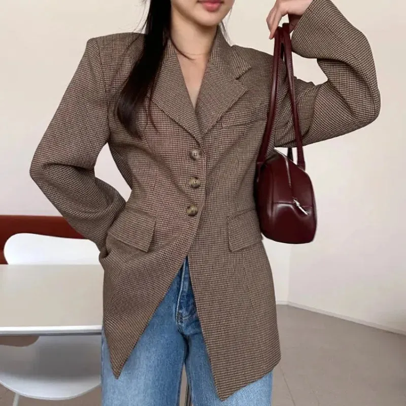 TAVIMART  -  Autumn Winter Vintage Women's Slim Plaid Blazer Jacket Coat Overcoat Single Breasted Outerwears Female