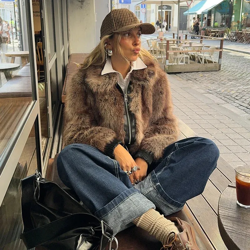 TAVIMART  -  Faux Fur Solid Women Coat Full Sleeve Zipper Female Jacket Autumn Winter Thicken Fashion Vintage Straight Lady Overcoat