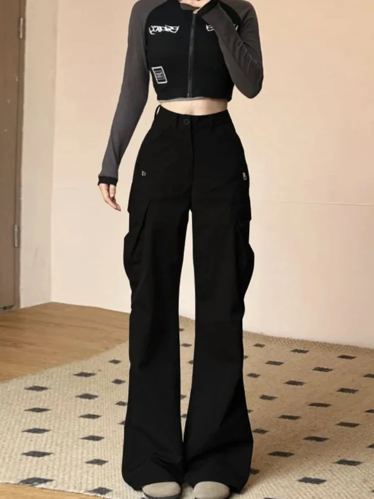 TAVIMART  -  Grey Flare Cargo Sweatpants Women Y2k Harajuku Vintage Baggy Zipper Korean Style Wide Leg Pants Streetwear Chic Trousers