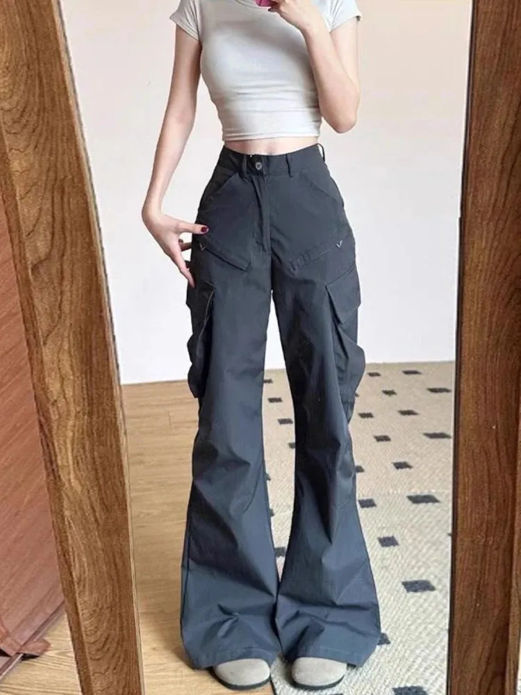 TAVIMART  -  Grey Flare Cargo Sweatpants Women Y2k Harajuku Vintage Baggy Zipper Korean Style Wide Leg Pants Streetwear Chic Trousers