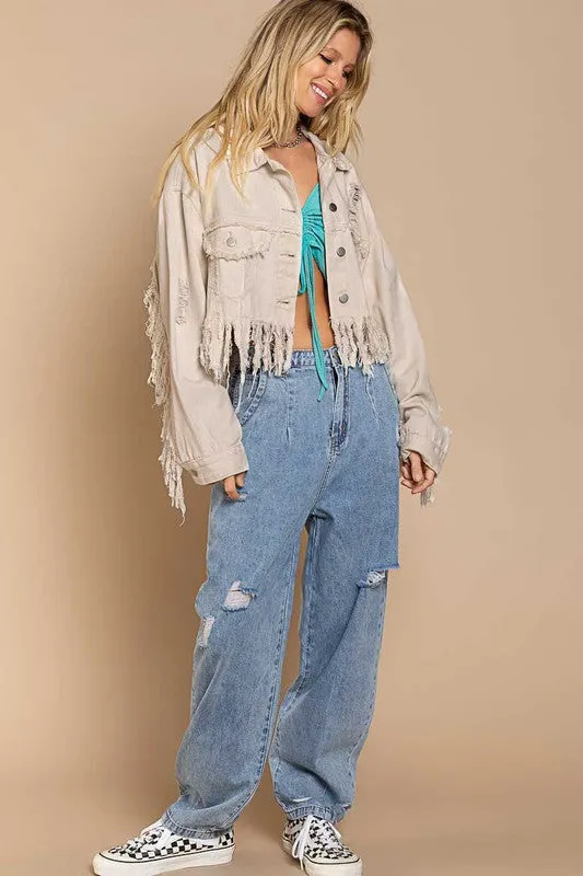 TEEK - Plus Size Fringe-Detailed Cropped Denim Jacket