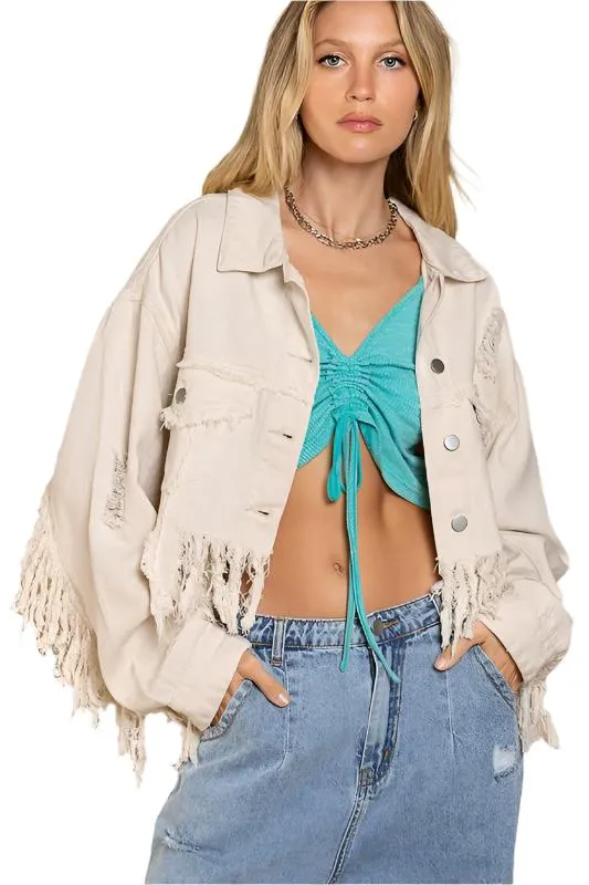 TEEK - Plus Size Fringe-Detailed Cropped Denim Jacket