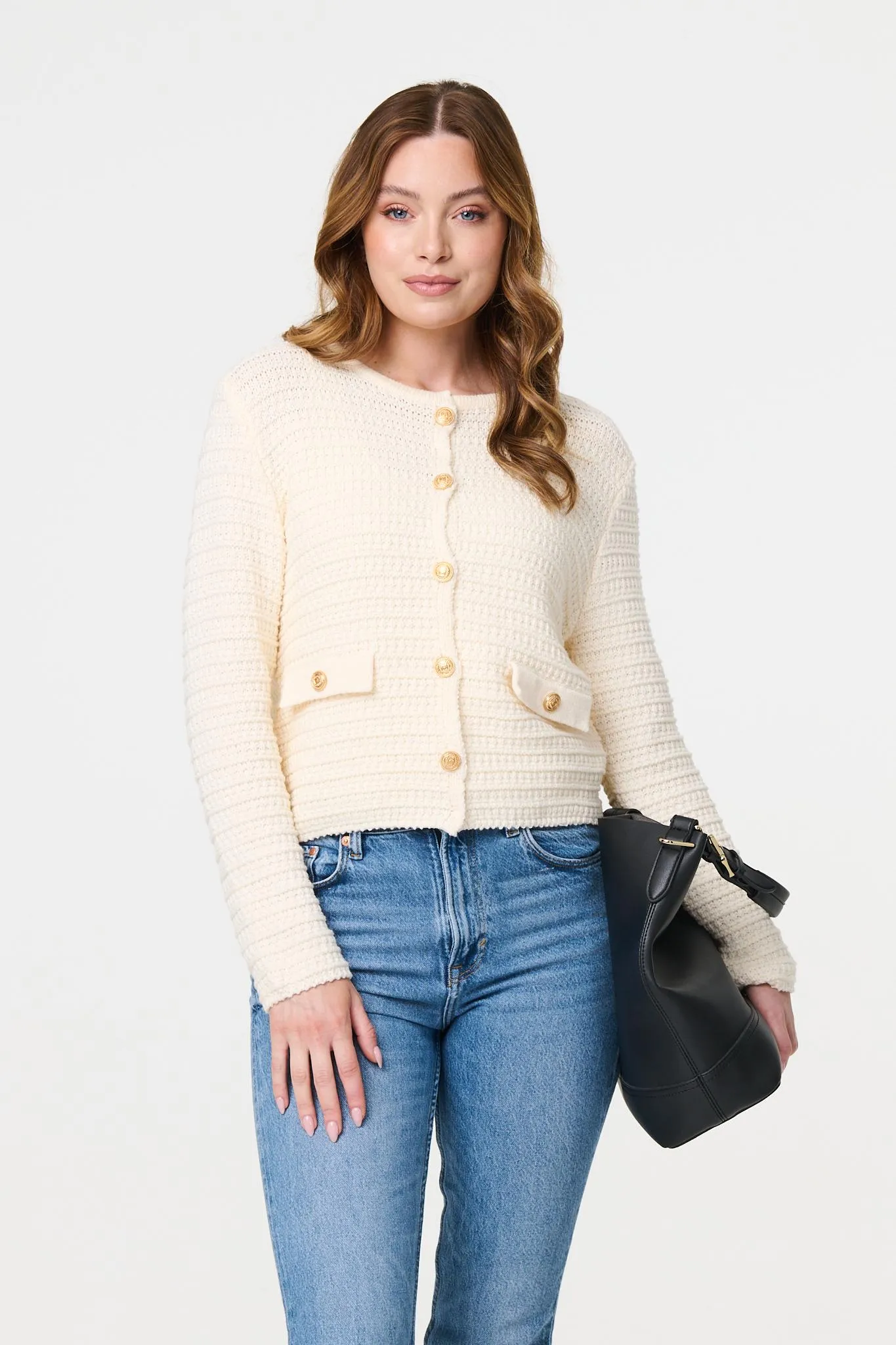 Textured Knit Metallic Button Cardigan