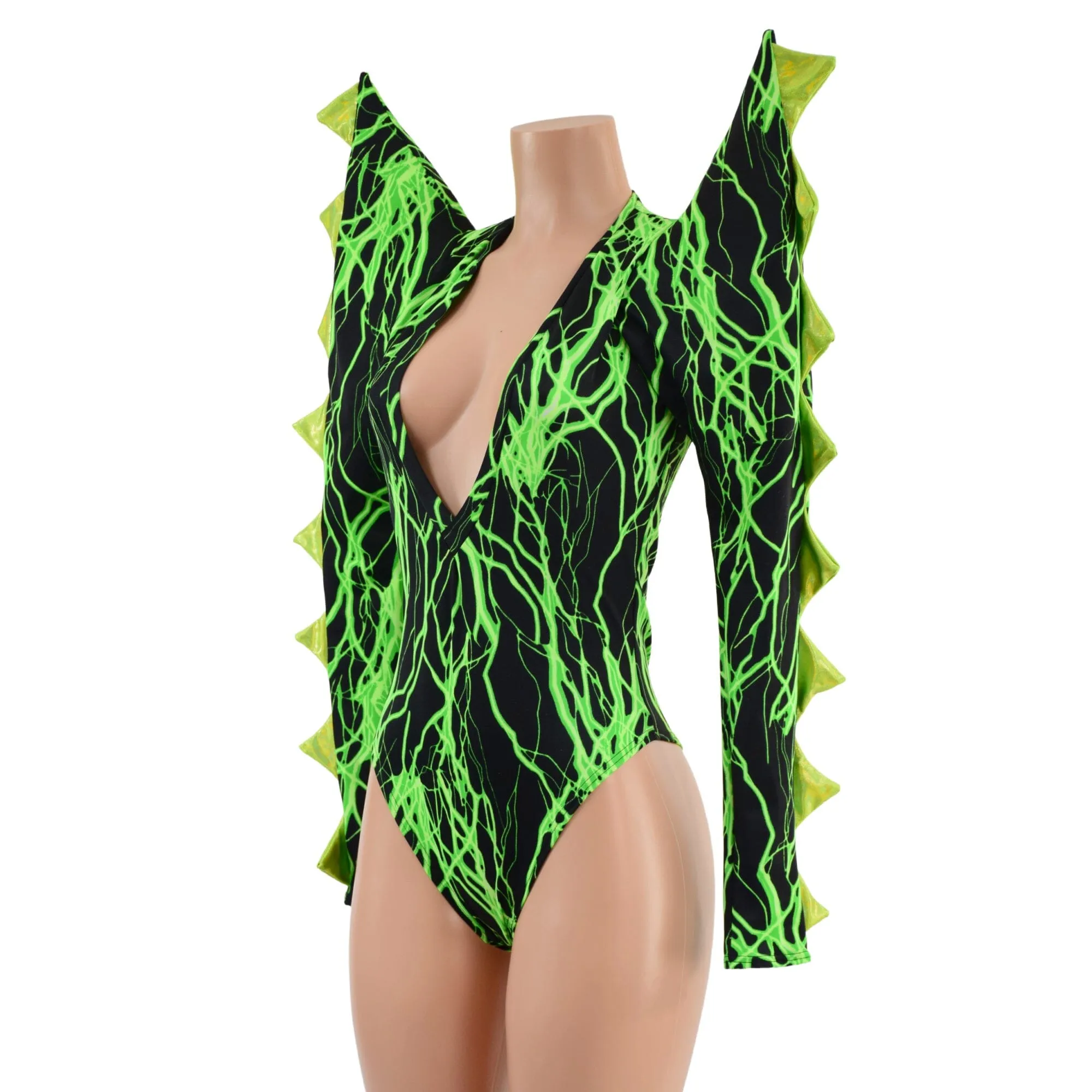 The Triple Threat Romper in Neon Green Lightning with Brazilian Cut Leg