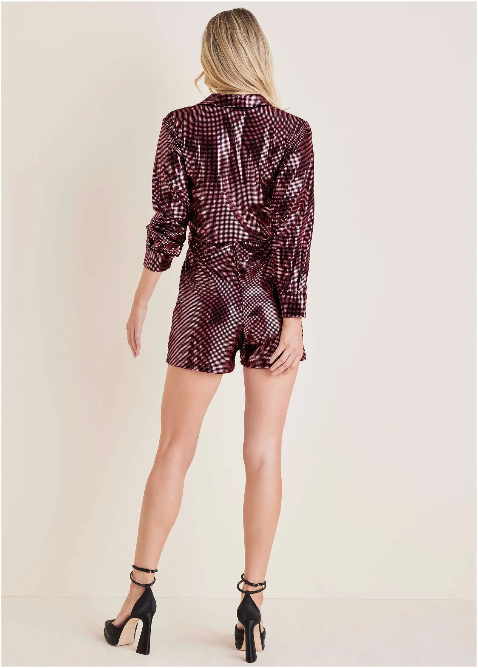 Tie Waist Sequin Romper - Black & Pink