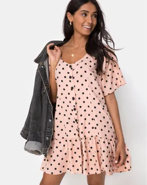 Tisha Babydoll Dress in New Polka Nude Black