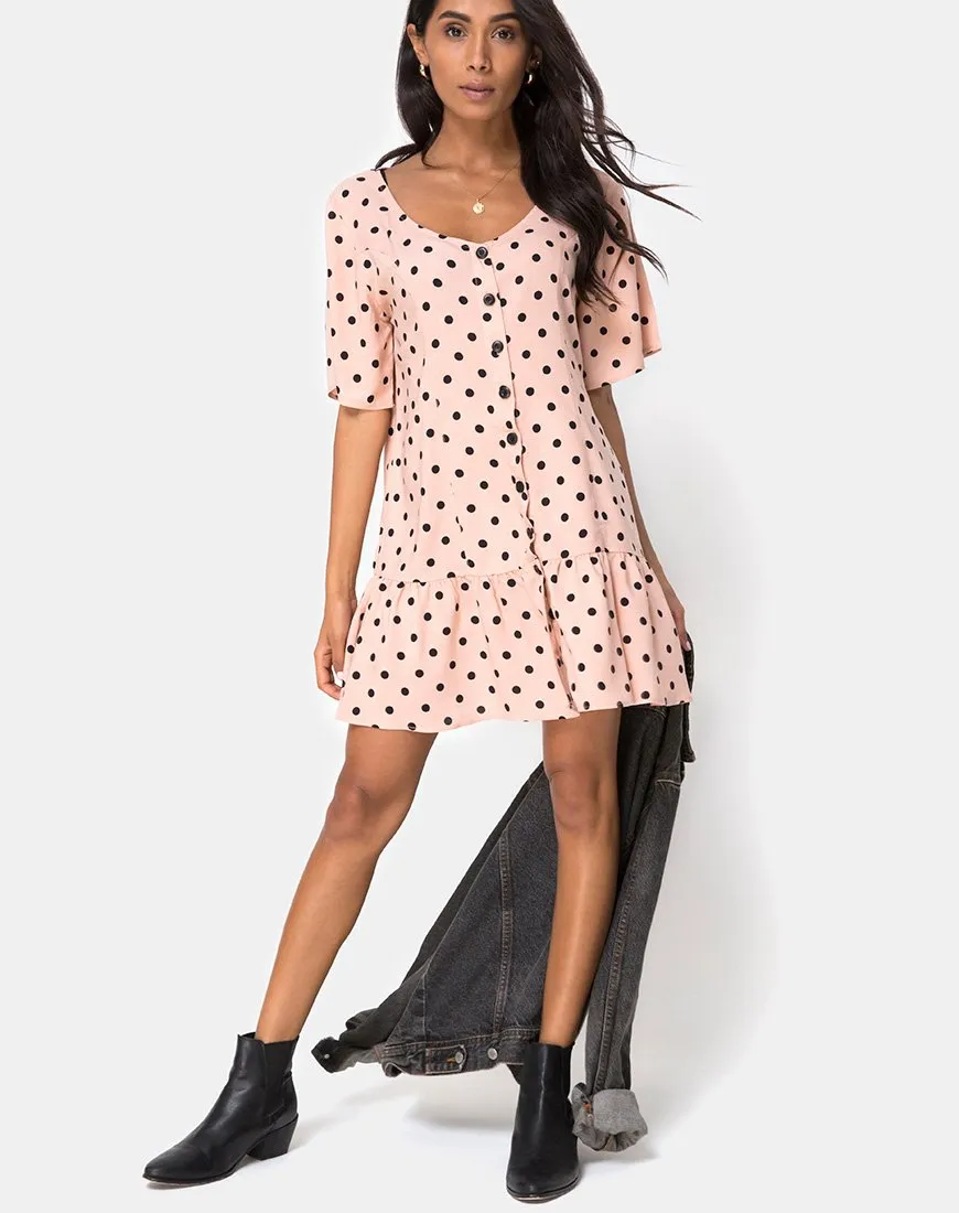 Tisha Babydoll Dress in New Polka Nude Black