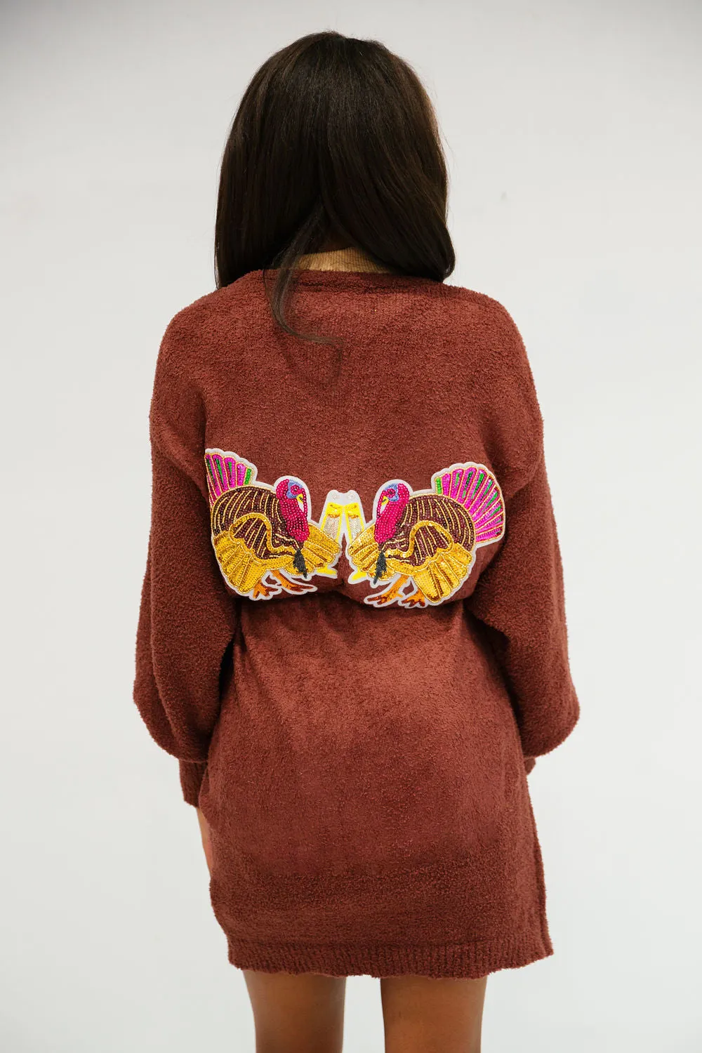 TURKEY CHEERS MOCHA CARDIGAN