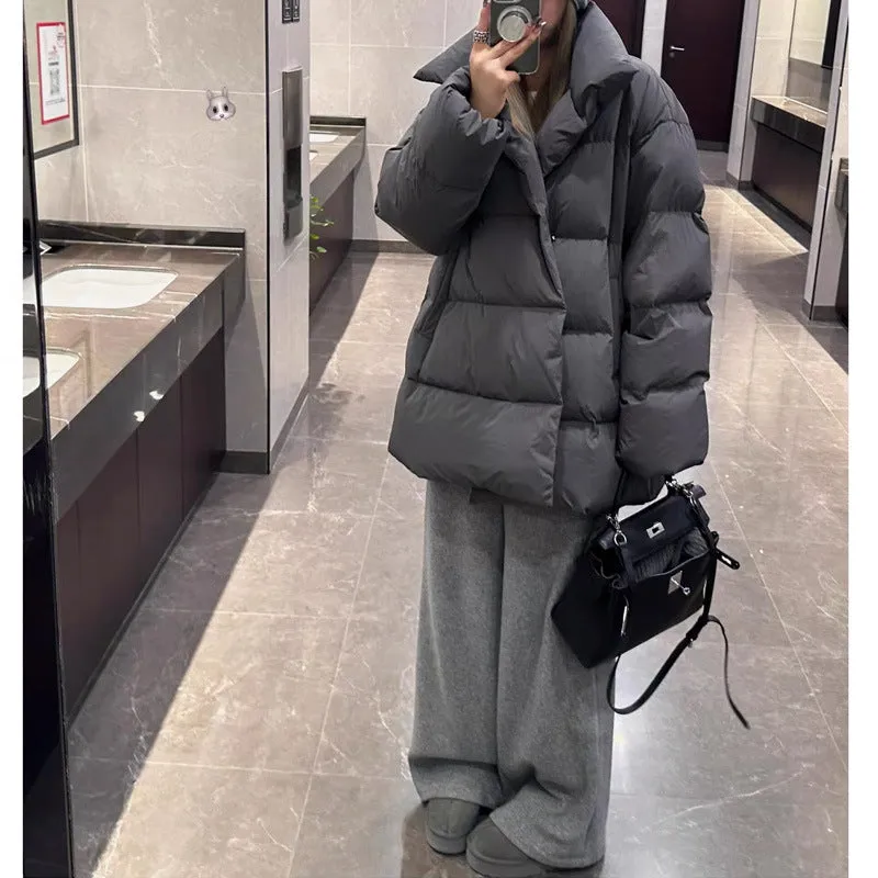 Uniwim cold weather outfits Winter Loose Korean Style Large Lapel Thickened Warm Mid-Length Gray Bread Cotton-Padded Coat