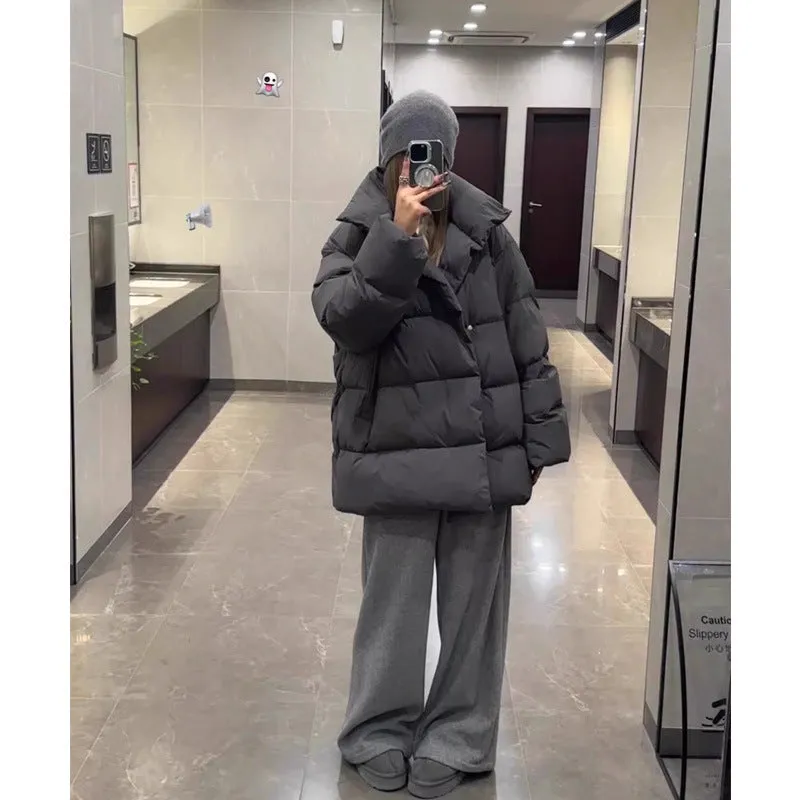 Uniwim cold weather outfits Winter Loose Korean Style Large Lapel Thickened Warm Mid-Length Gray Bread Cotton-Padded Coat