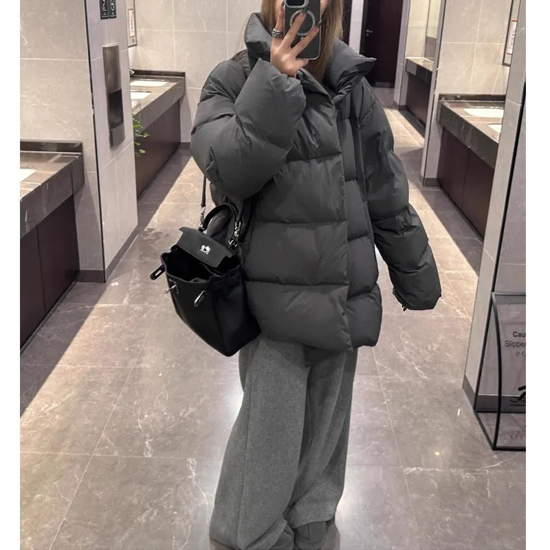 Uniwim cold weather outfits Winter Loose Korean Style Large Lapel Thickened Warm Mid-Length Gray Bread Cotton-Padded Coat