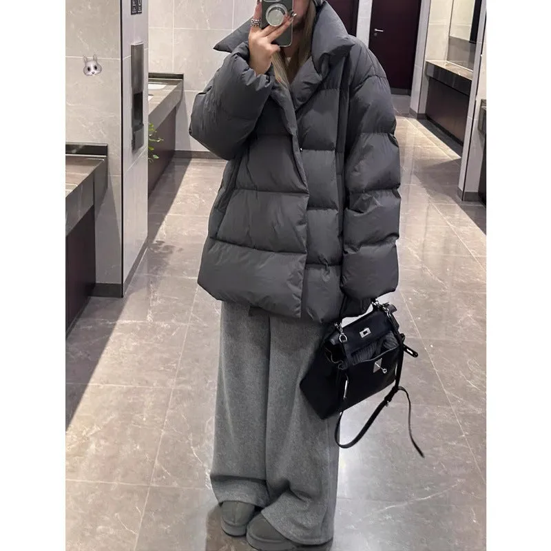 Uniwim cold weather outfits Winter Loose Korean Style Large Lapel Thickened Warm Mid-Length Gray Bread Cotton-Padded Coat