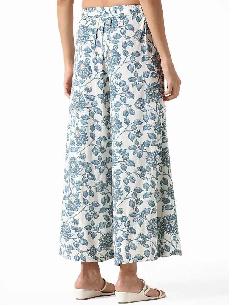 Utsa Indigo and White Printed Floral Palazzos