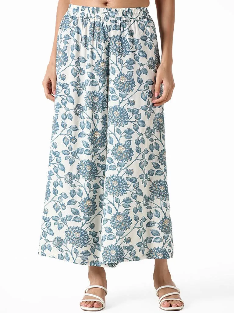 Utsa Indigo and White Printed Floral Palazzos