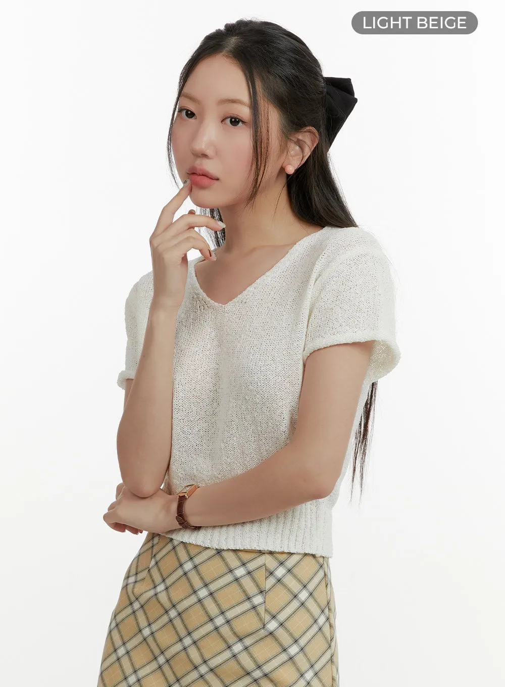 V-Neck Short Sleeve Knit Crop Top OY413