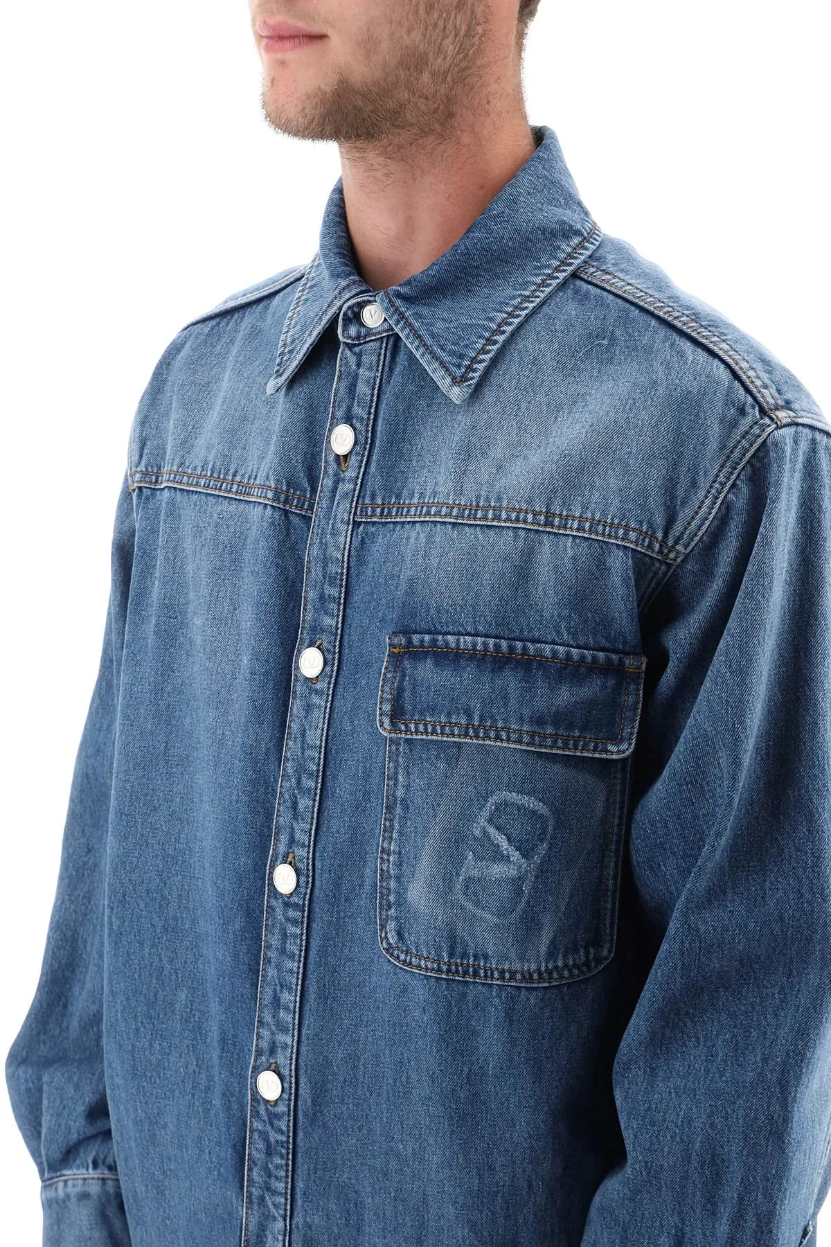 Valentino garavani denim overshirt with stamped vlogo signature