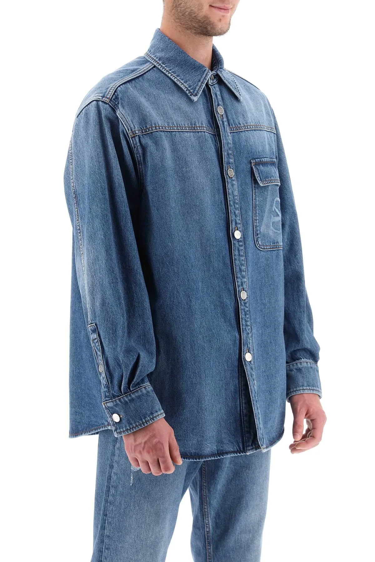 Valentino garavani denim overshirt with stamped vlogo signature