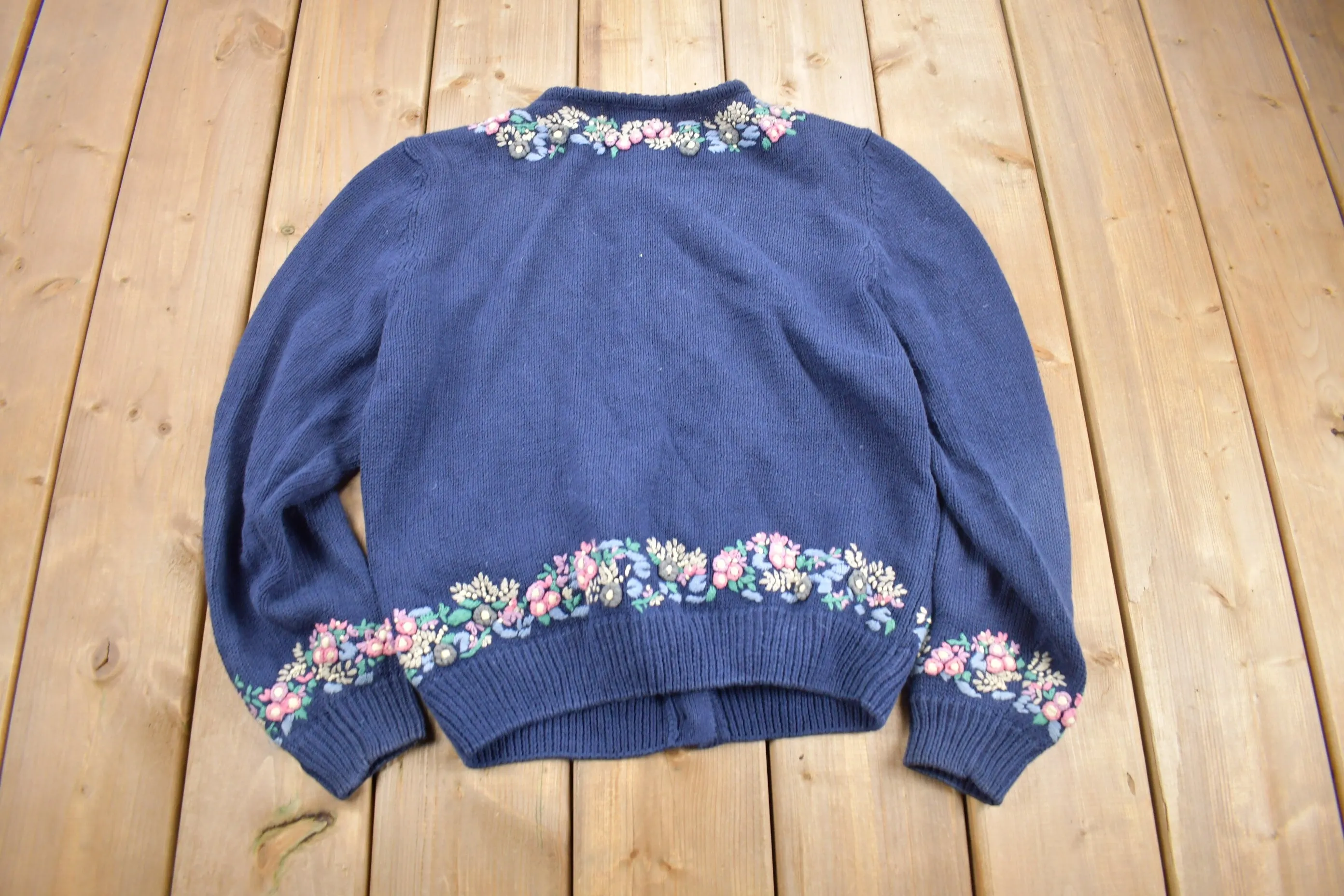 Vintage 1990s Blue Floral Theme Embroidered Knit Cardigan Sweater