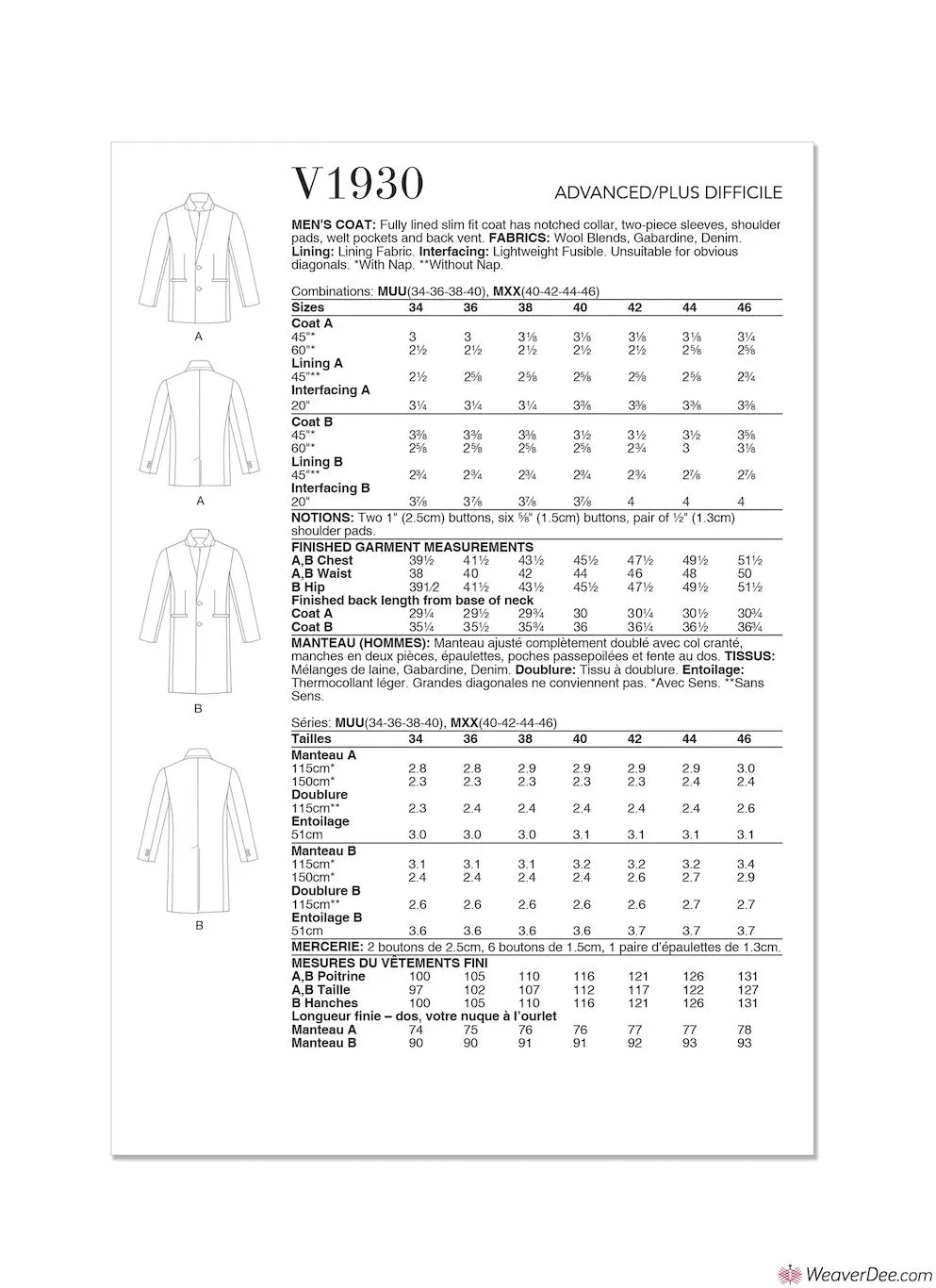 Vogue Pattern V1930 Men's Overcoat