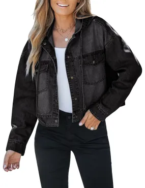 Washed Black Women's Denim Jackets Vintage Lightweight Cropped Button Down Jacket