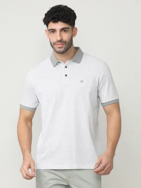 White Pique Lycra Graphic Printed Polo T-shirt