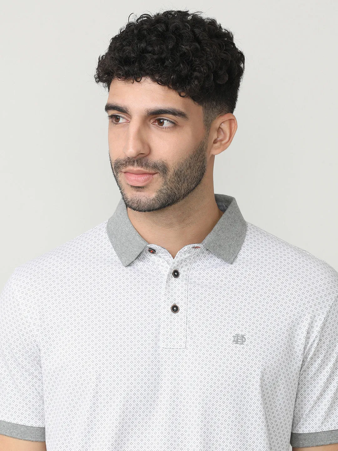 White Pique Lycra Graphic Printed Polo T-shirt