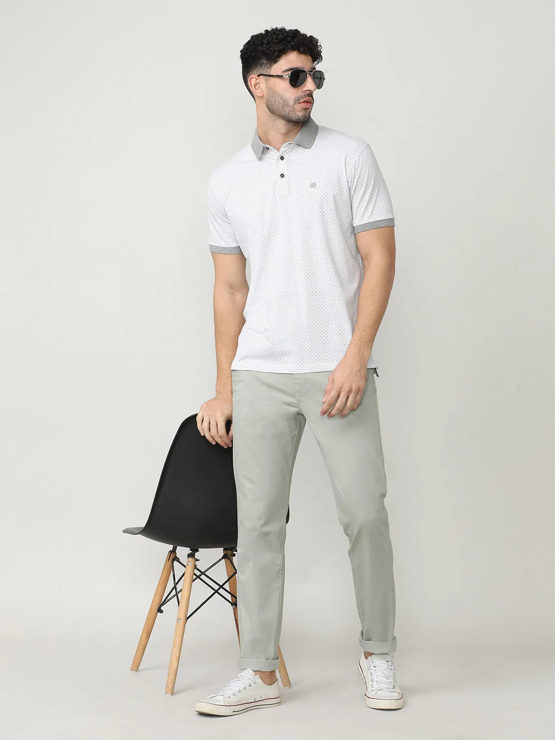 White Pique Lycra Graphic Printed Polo T-shirt