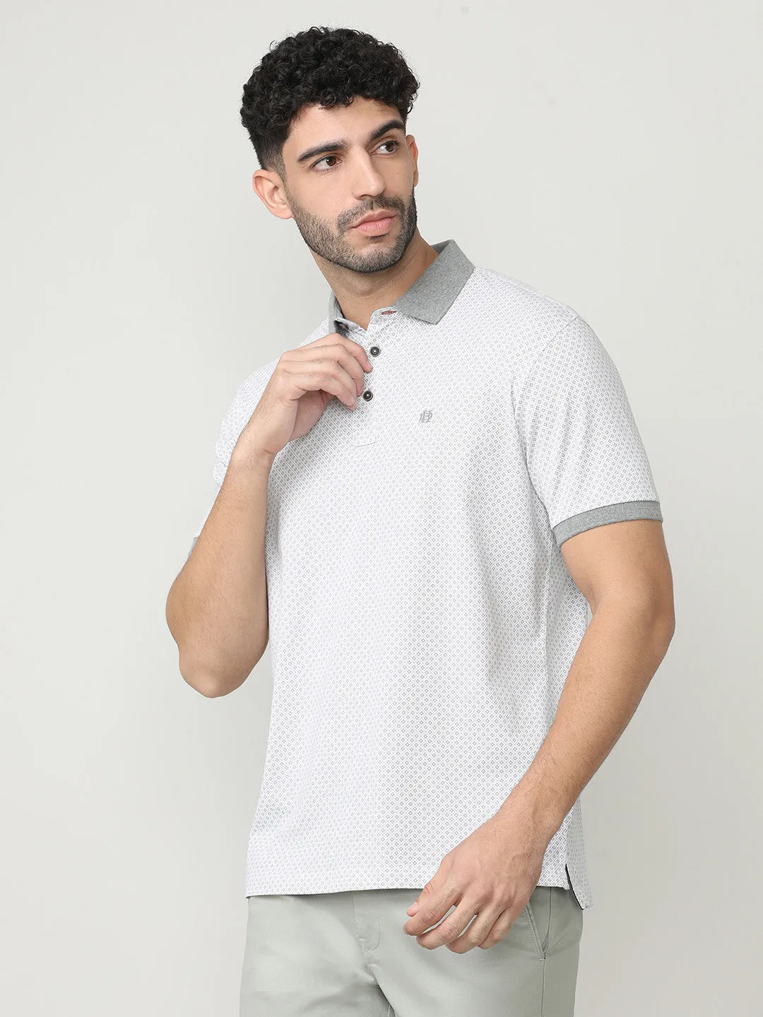 White Pique Lycra Graphic Printed Polo T-shirt