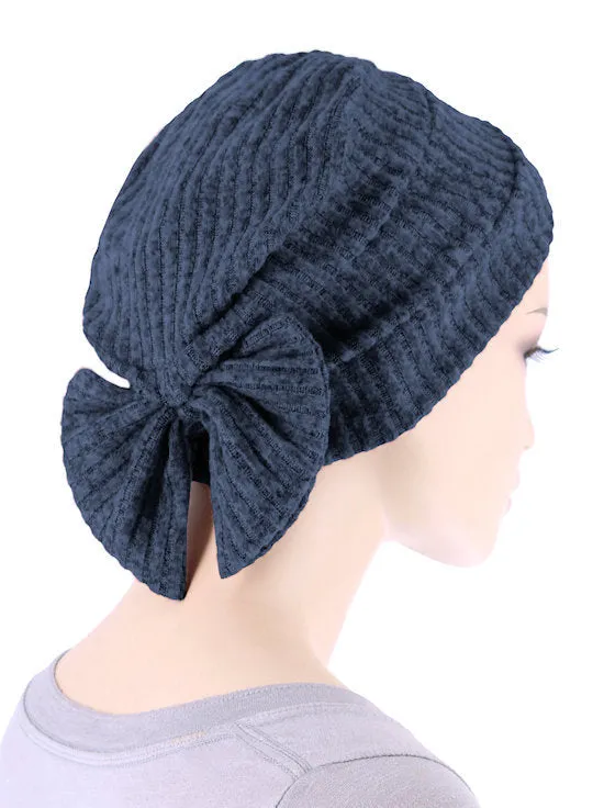 Winter Cloche Bow Hat Blue Ribbed